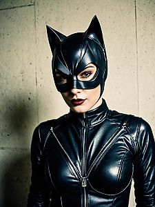 Woman in Male Catwoman Costume Black Leather Catsuit and Mask