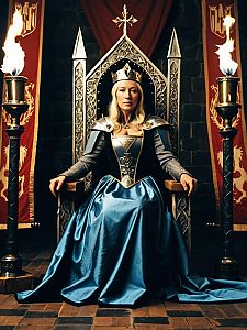 Regal Woman in Excalibur Costume on Medieval Throne