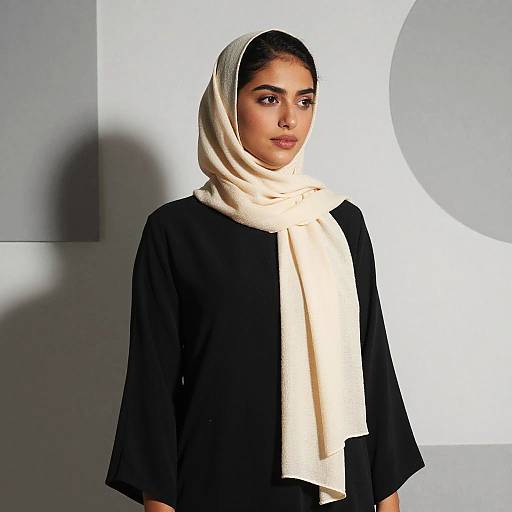 Young Woman Wearing Cream Hijab and Black Outfit in Minimalist Setting