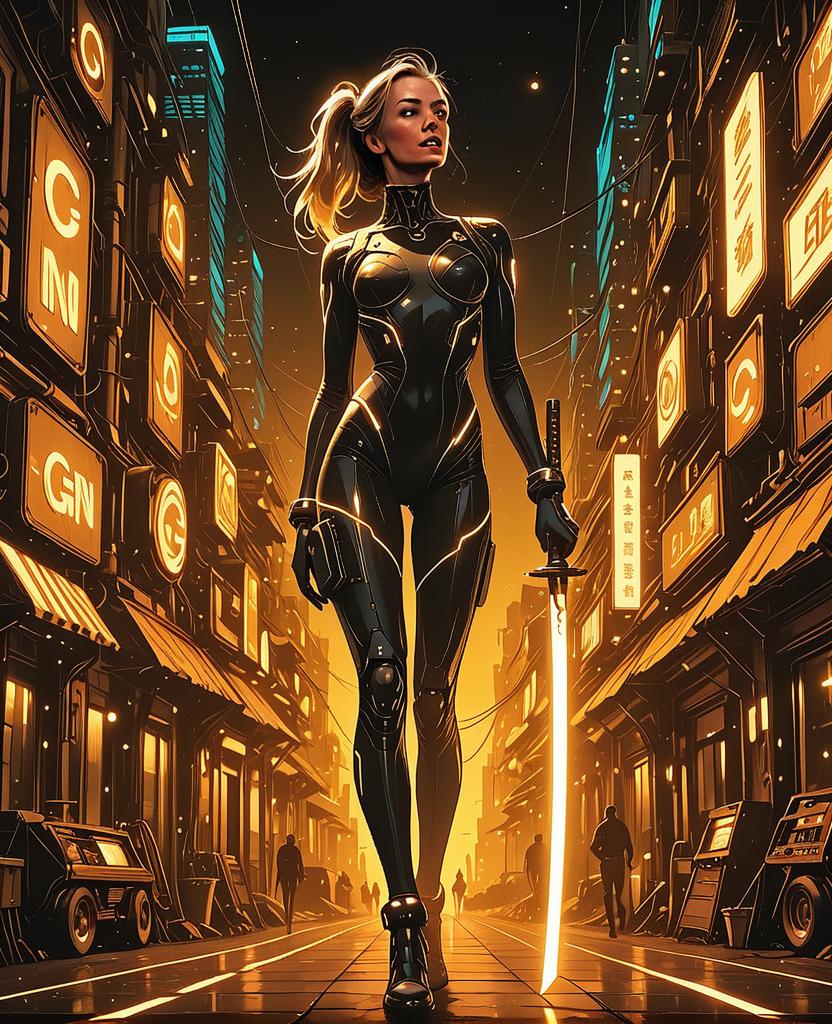 Confident Woman in Futuristic Bodysuit with Katana Confident Woman in Futuristic Bodysuit with Katana