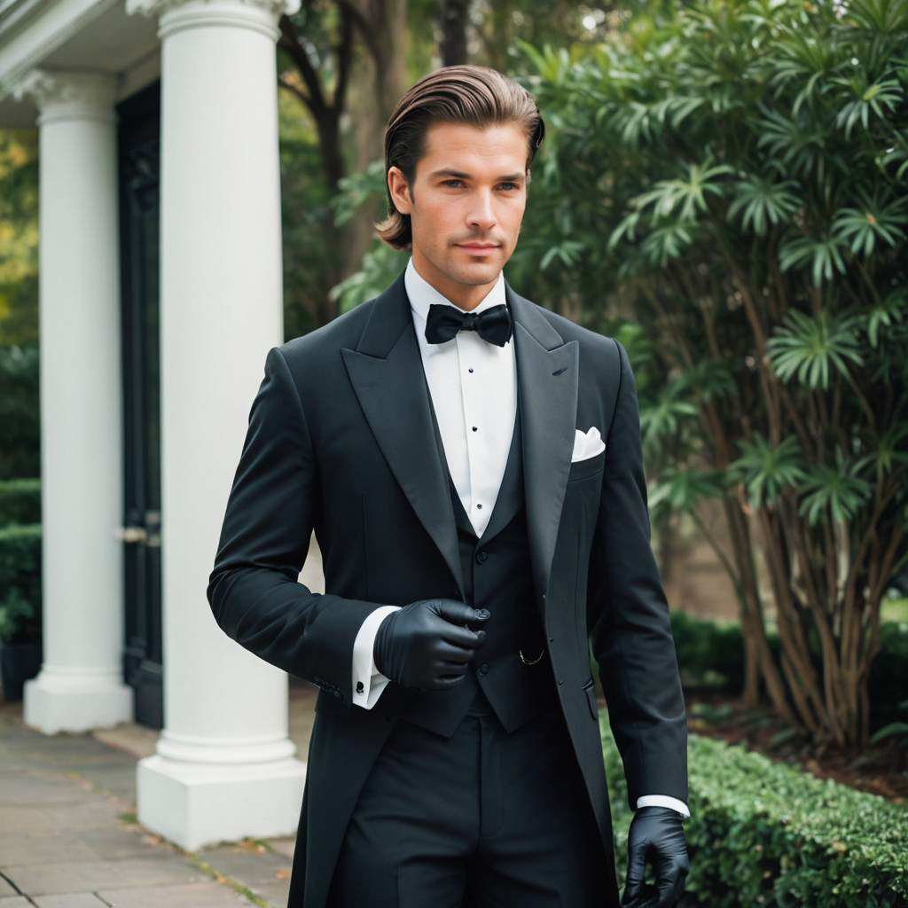 Confident Man in Black Tuxedo Outdoors