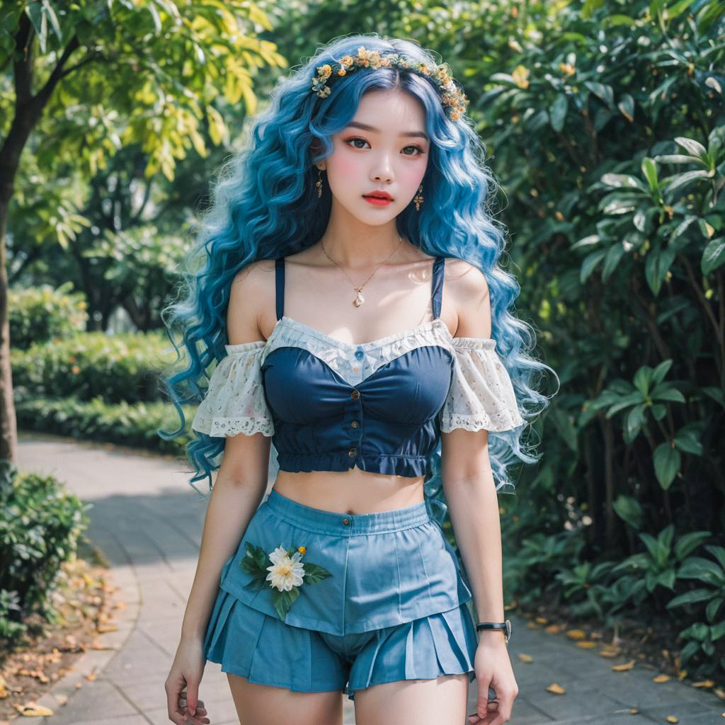 Young Woman with Blue Hair in Floral Outfit