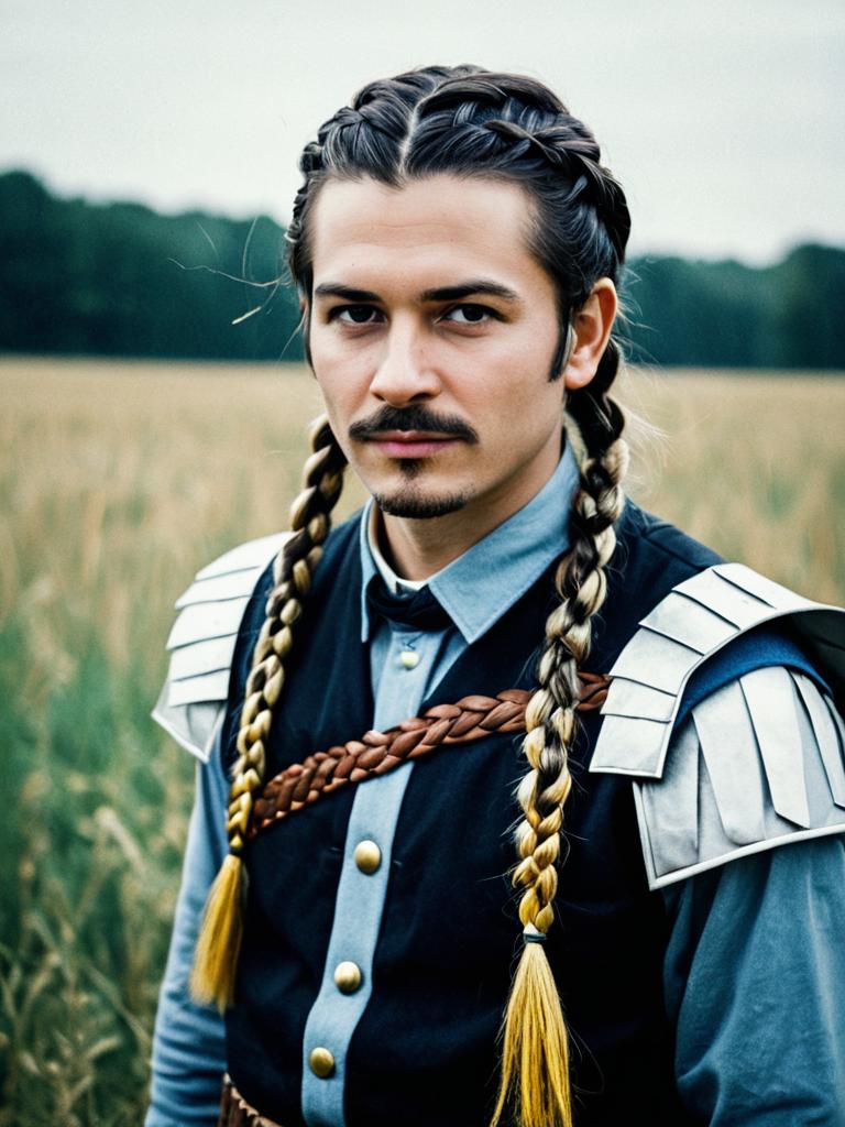 Man in Braided Hairstyle Cosplay with Viking Style Costume Outdoors