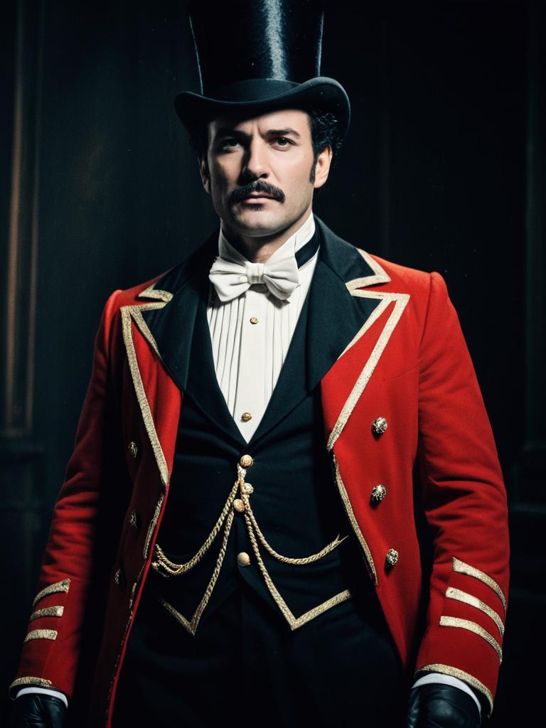 Man in Ringmaster Costume Dramatic Portrait with Top Hat and Red Coat
