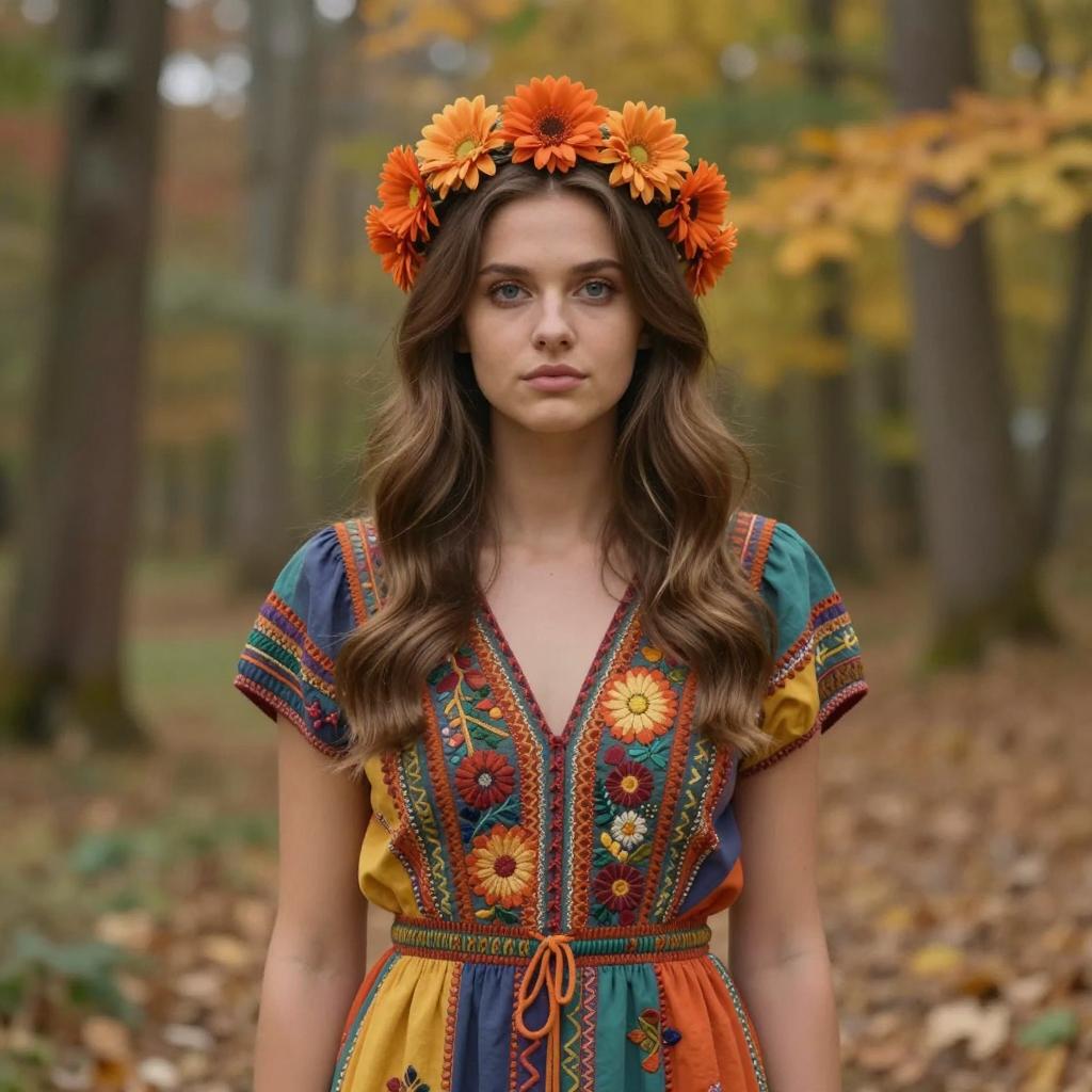 Young Woman in Embroidered Dress with Orange Flower Crown in Autumn Forest