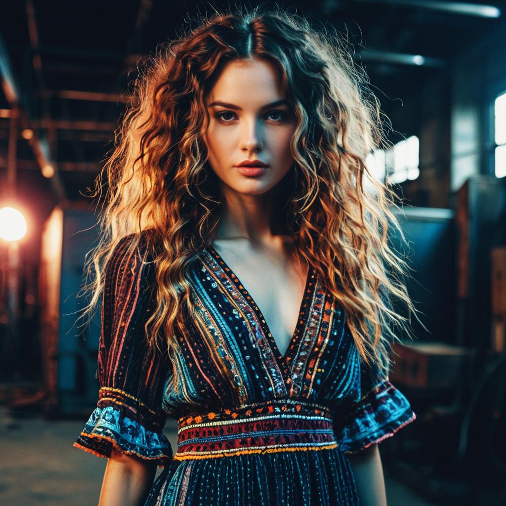 Bohemian Woman with Curly Hair in Industrial Setting