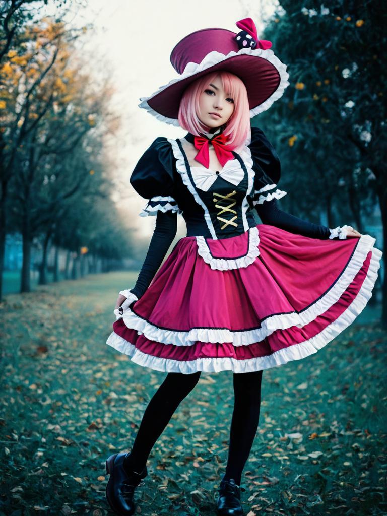 Realistic Perona Cosplay Woman in Gothic Lolita Costume Outdoors