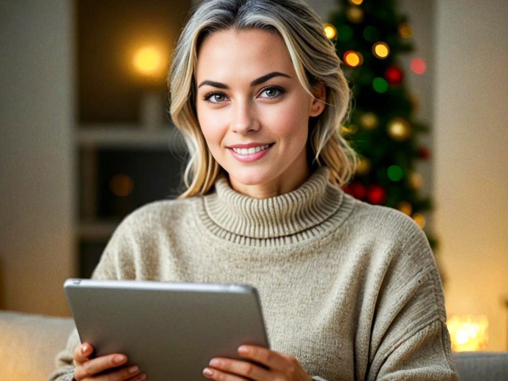 Cheerful woman with tablet by Christmas tree