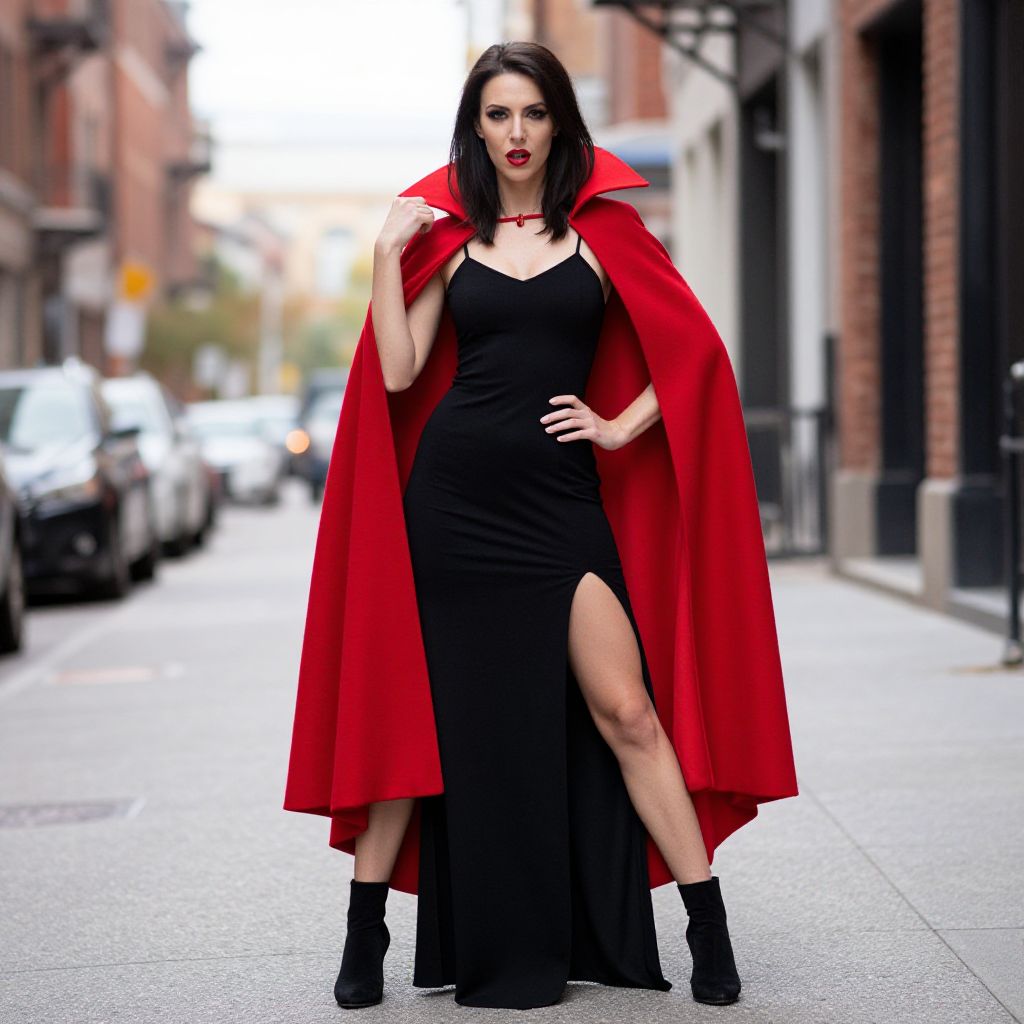 Elegant Woman in Black Dress and Red Cape on Urban Street