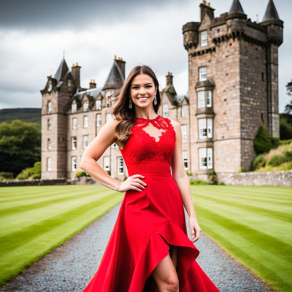 Woman in Red Gown at Historic Castle