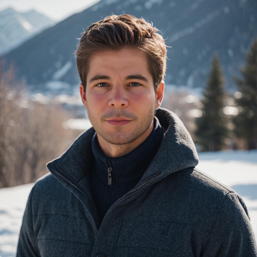 Young Man in Stylish Jacket in Snowy Mountains