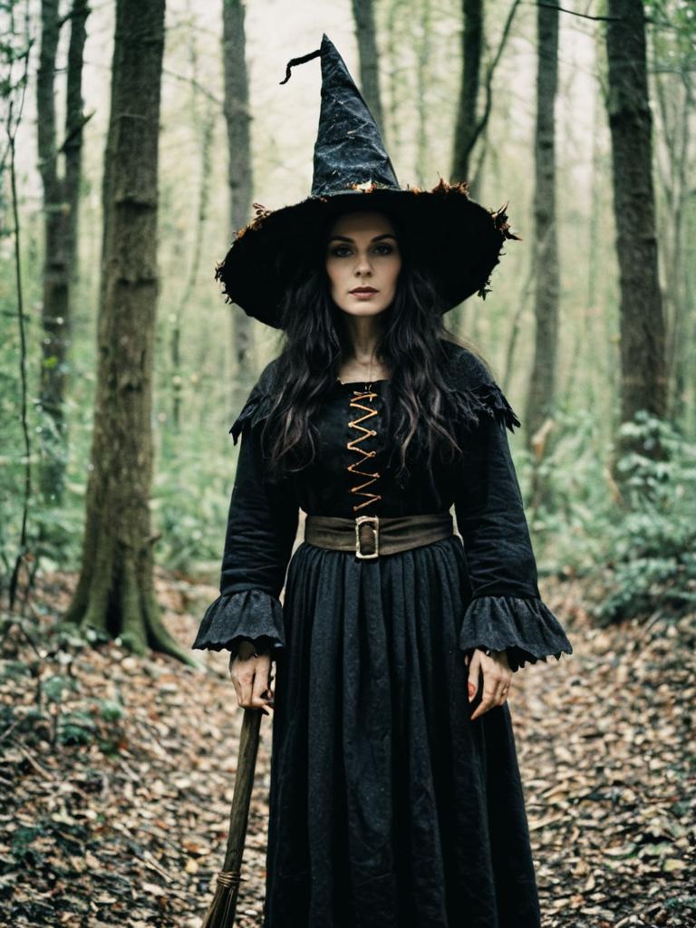 Woodland Witch Costume Woman in Black Dress and Hat in Forest
