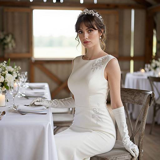 Elegant Bride in White Gown Sitting in Rustic Wedding Reception