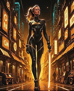 Confident Woman in Futuristic Bodysuit with Katana