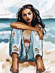 Thoughtful Young Woman on Beach