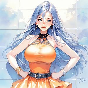 Confident Woman in Orange Dress with Silver Hair