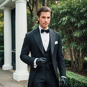 Confident Man in Black Tuxedo Outdoors