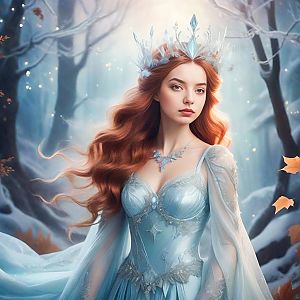 Enchanting Woman in Ice-Blue Gown in Winter Forest