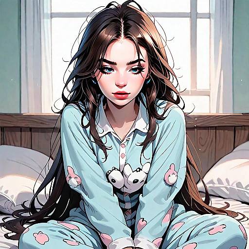 Young Woman in Cute Animal Print Pajamas Sitting on Bed Digital Art