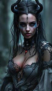 Gothic Fantasy Woman with Horns and Intense Makeup in Dark Lace Outfit