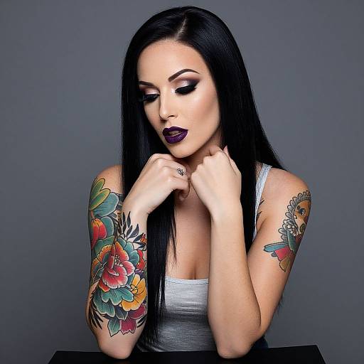 Tattooed Woman with Bold Makeup and Long Black Hair