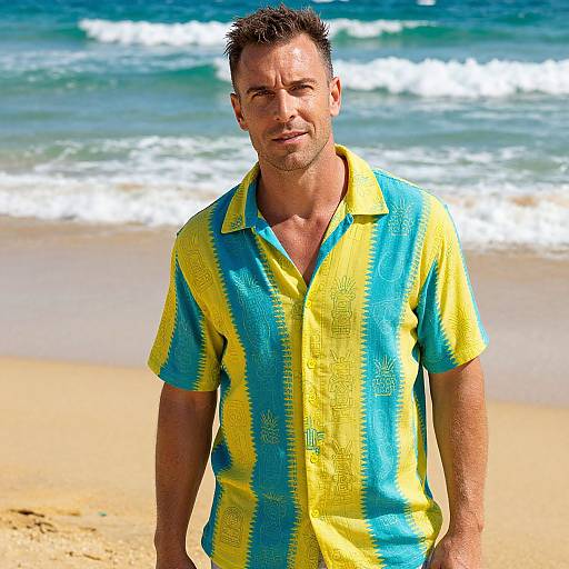 Man Wearing Vibrant Hawaiian Shirt on Beach by Ocean Waves