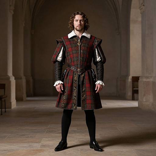Man in Renaissance Plaid Doublet Costume Standing in Historic Hall