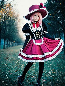 Realistic Perona Cosplay Woman in Gothic Lolita Costume Outdoors