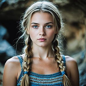 Young Woman with Braids and Blue Eyes
