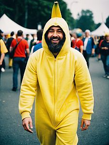 Happy Man Wearing Banana Costume at Outdoor Cosplay Festival