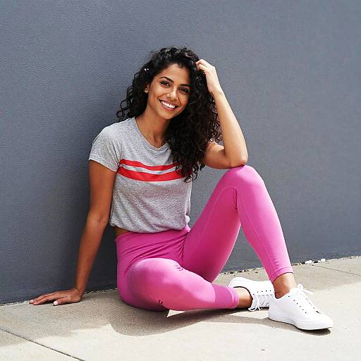 Smiling Woman in Pink Leggings and Gray T-Shirt Sitting Outdoors