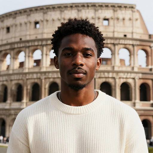 Young Man in White Sweater Posing at Colosseum Rome Gen Z Style
