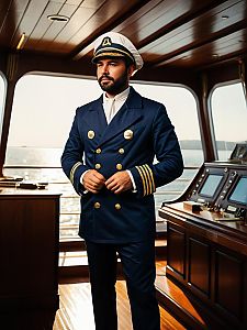 Man in Ship Captain Costume on Ship Bridge with Cinematic Realism