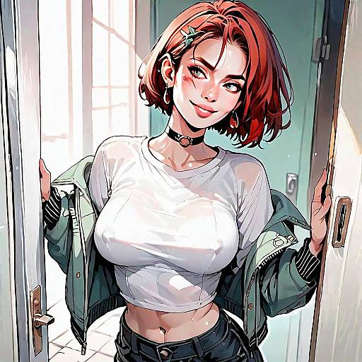Confident Young Woman Digital Art with Red Hair and Crop Top in Doorway