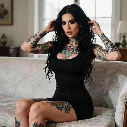 Tattooed Woman in Black Dress Sitting on Sofa
