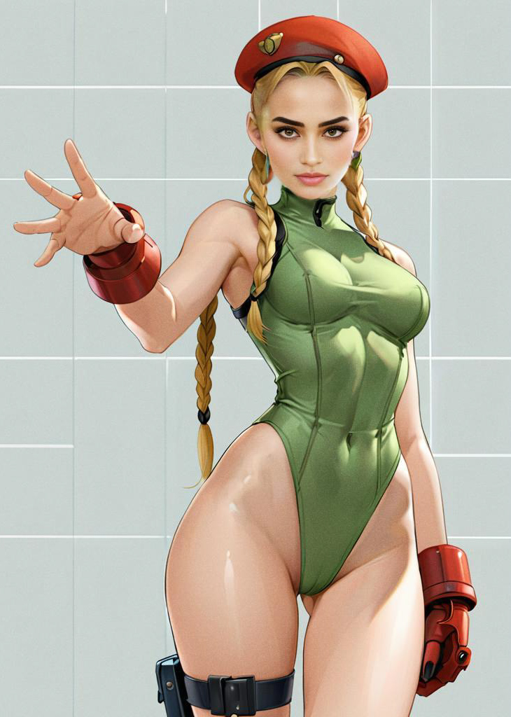 Anime Woman in Green Bodysuit with Red Beret and Gloves Digital Art