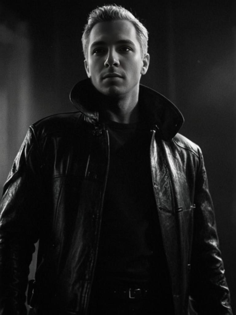 Dramatic Monochromatic Man in Leather Jacket