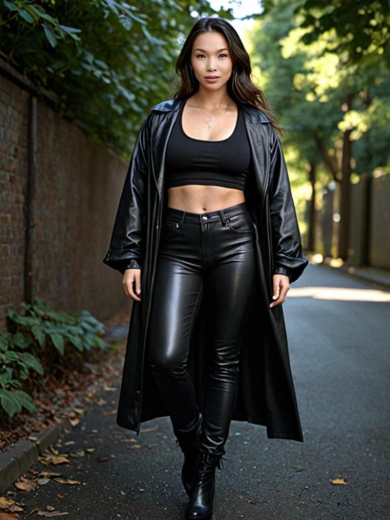 Confident Woman in Stylish Leather Outfit on Tree-Lined Path