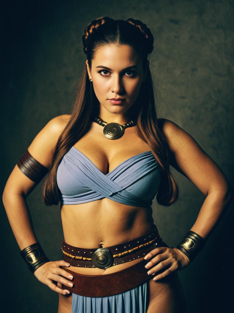 Woman in Slave Leia Costume Waist Up Studio Portrait Photorealistic