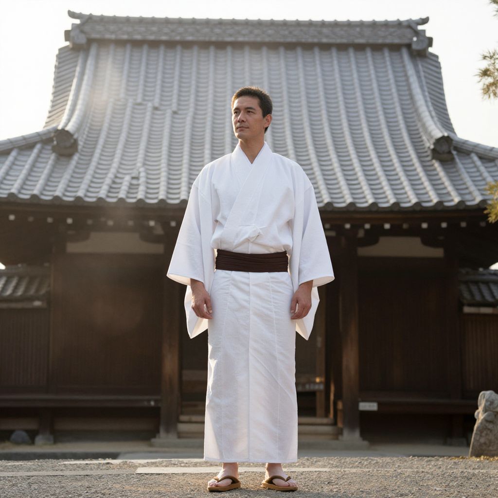 Man in Traditional White Kimono Standing at Japanese Temple