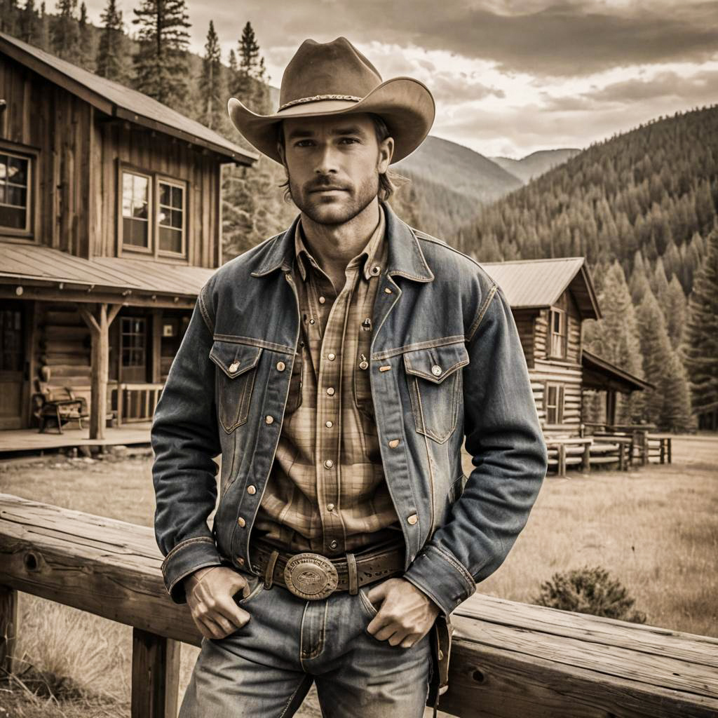 Vintage Cowboy Man in Denim Jacket and Hat by Mountain Cabins