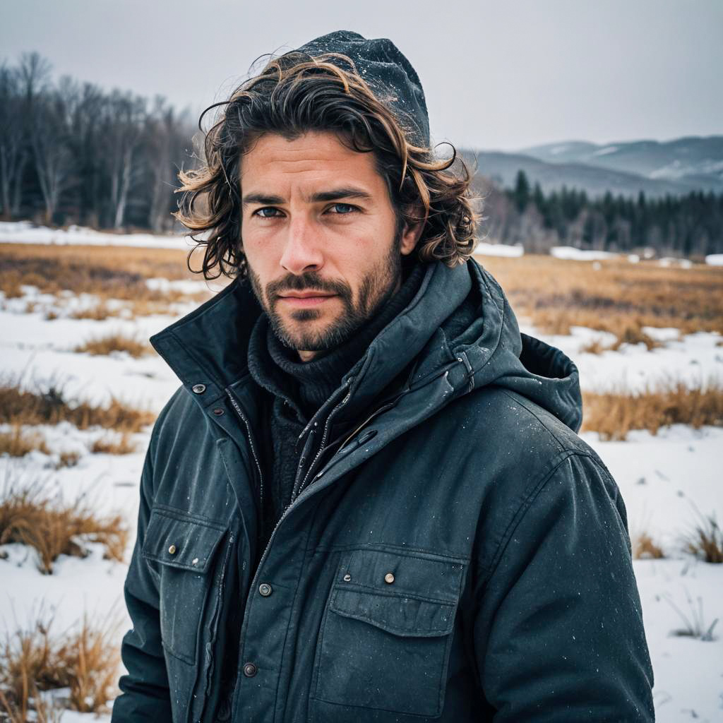 Man in Winter Jacket Standing in Snowy Mountain Landscape