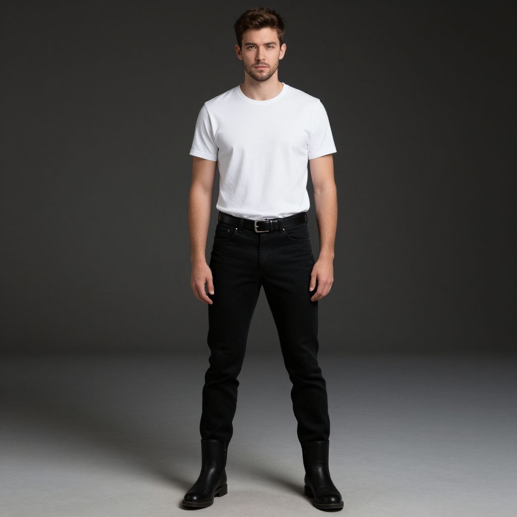 Young Man Wearing White T-Shirt and Black Jeans Standing Confidently