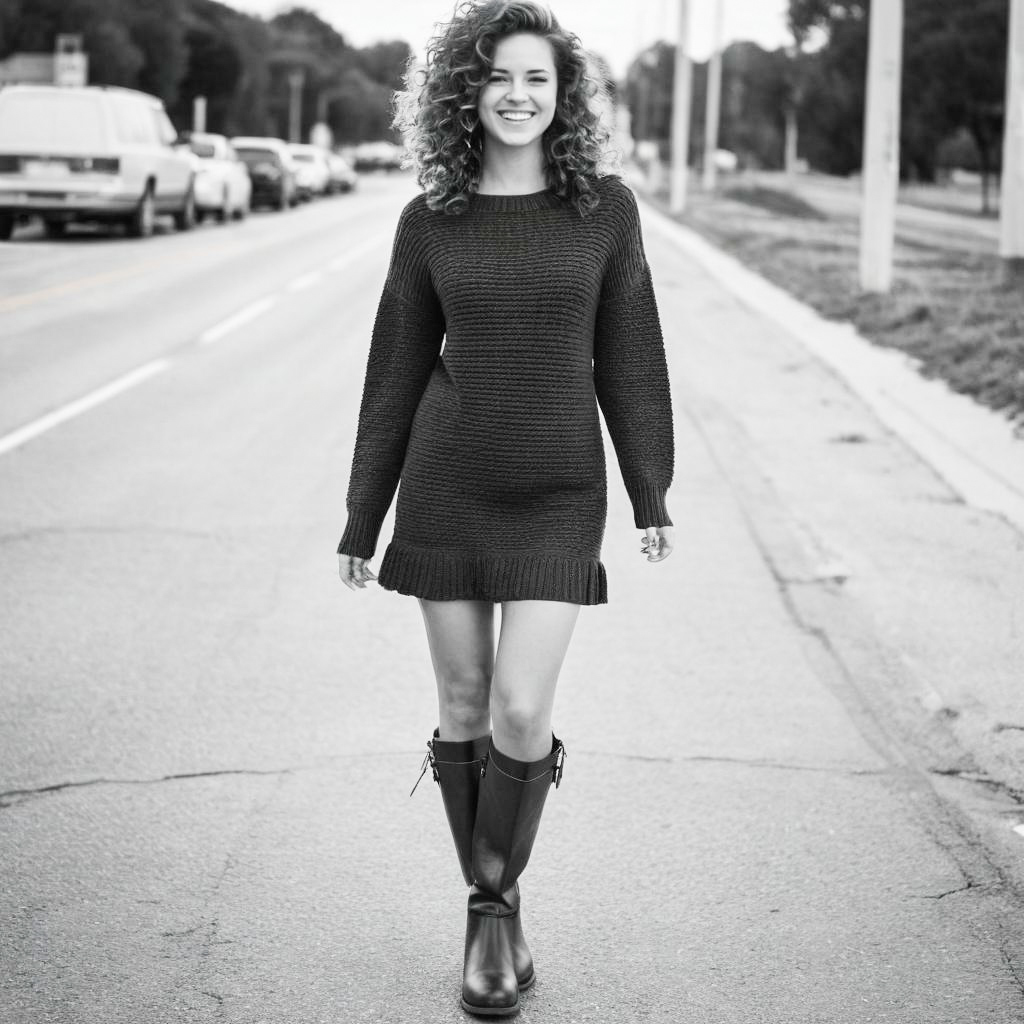 Confident Woman in Sweater Dress on Quiet Street