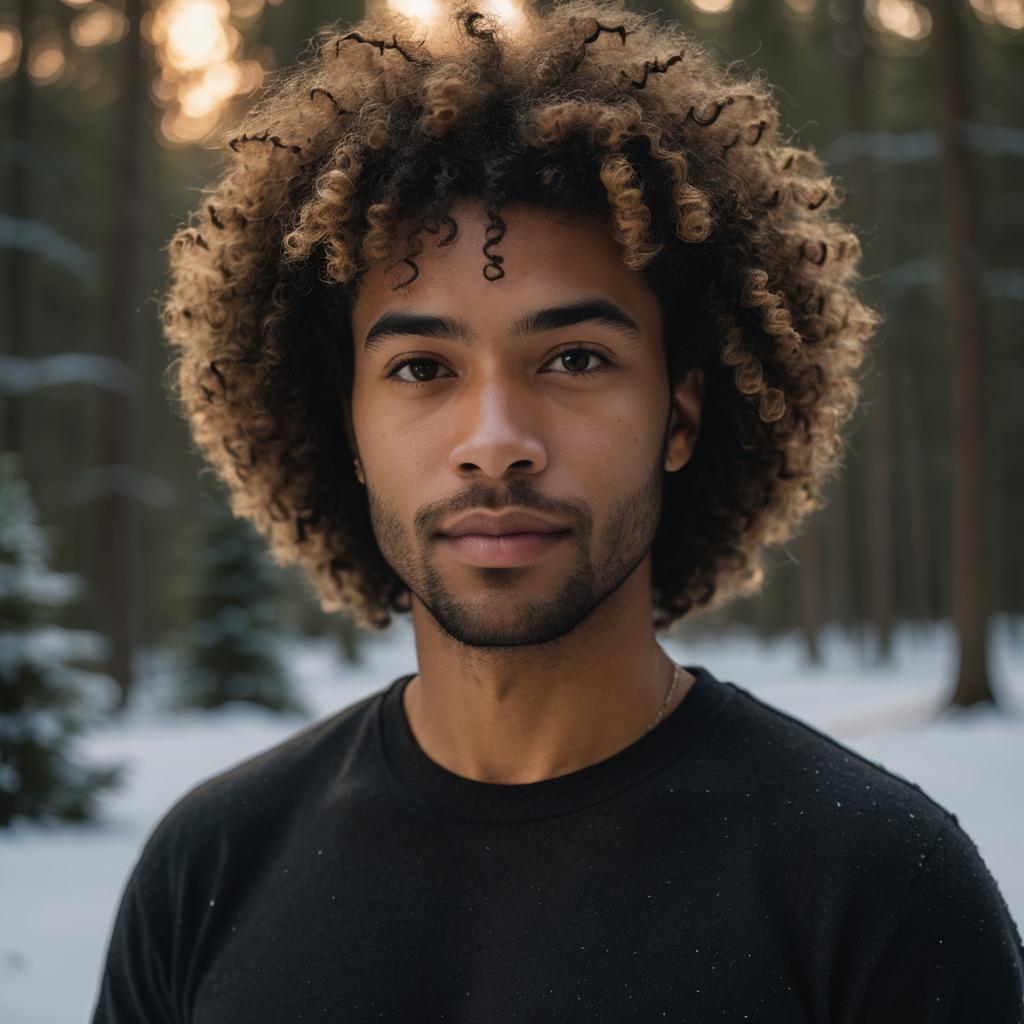 Portrait of a Young Man with Curly Hair in Snowy Forest