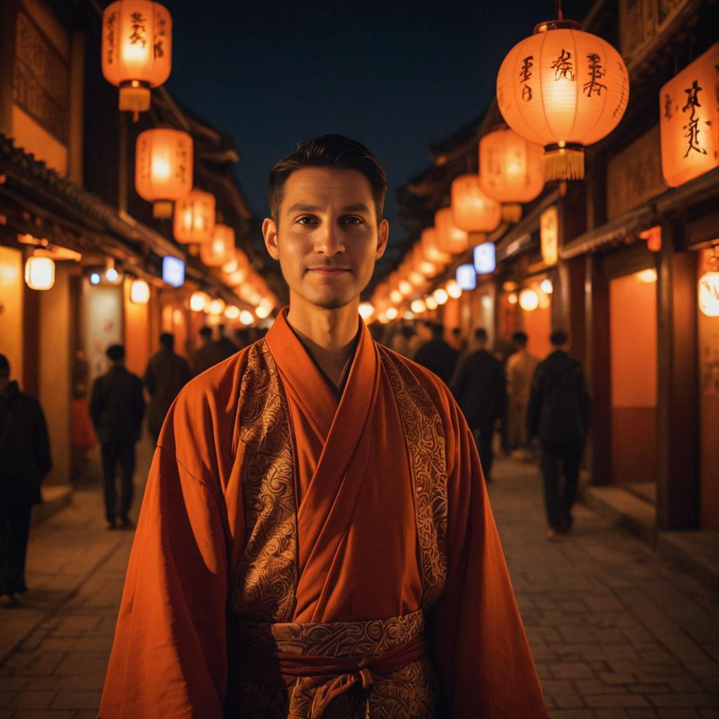 Man in Traditional Attire in Lantern-Lit Street