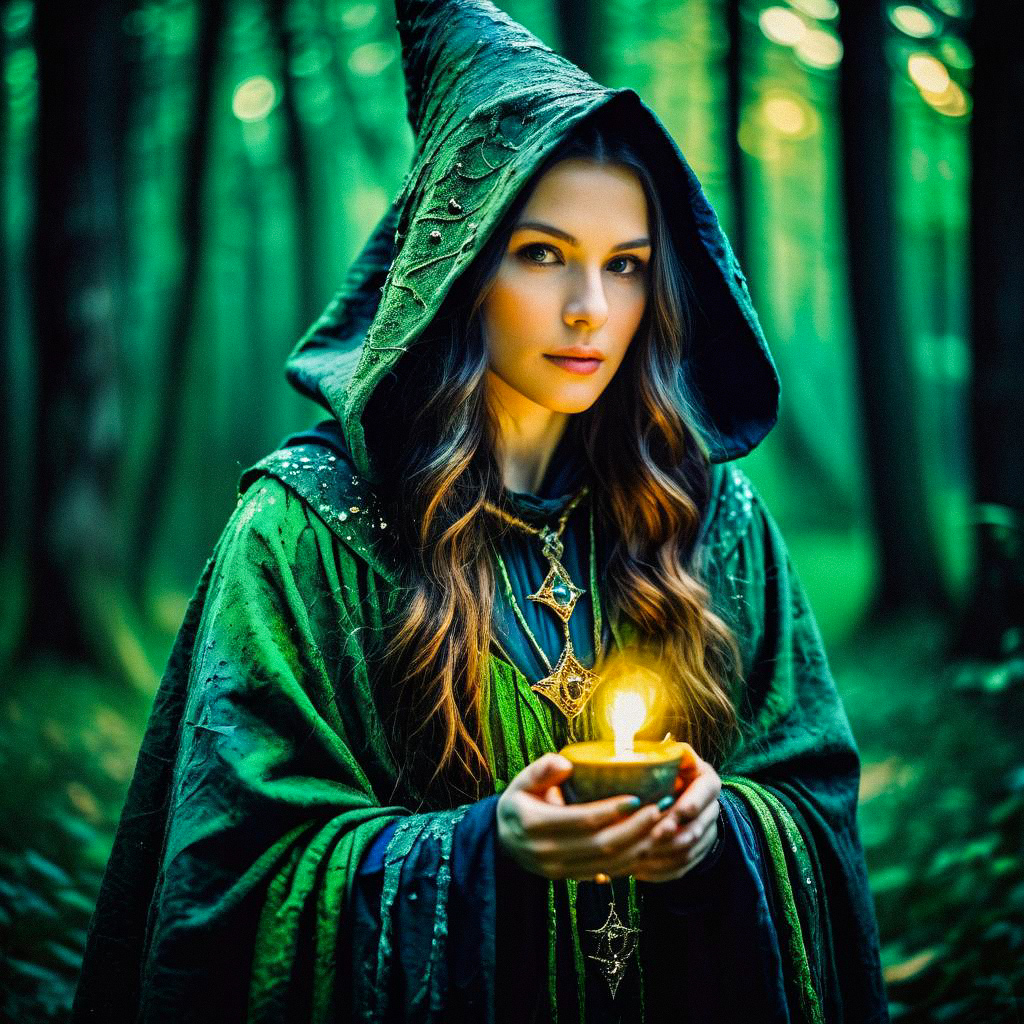 Mysterious Woman in Green Cloak in Enchanted Forest Mysterious Woman in Green Cloak in Enchanted Forest