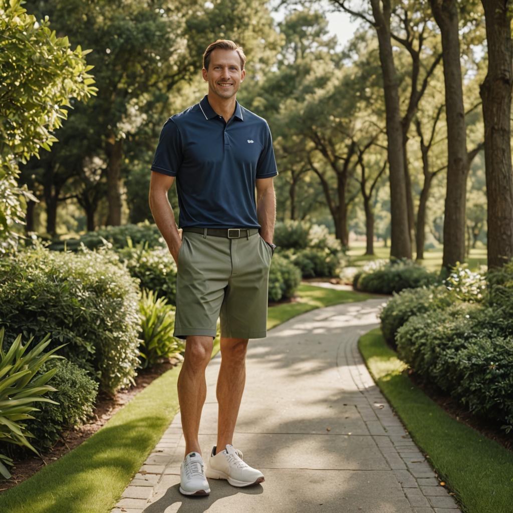 Stylish Man in Summer Attire on Garden Path