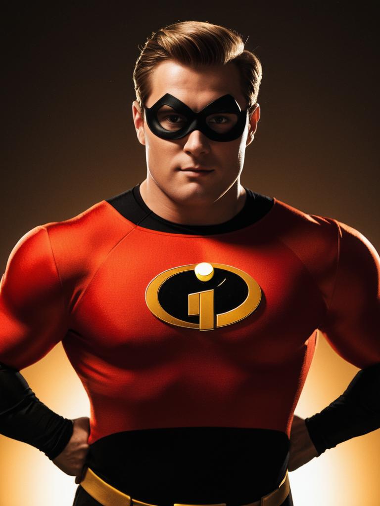 Man Cosplay Wearing Realistic Mr. Incredible Costume Photo
