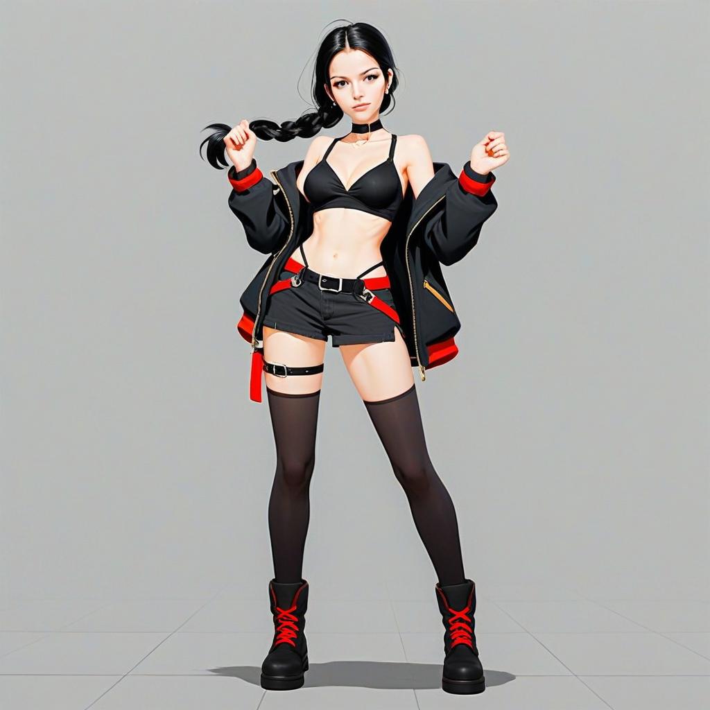 Confident Young Woman in Bold Streetwear with Black and Red Accents